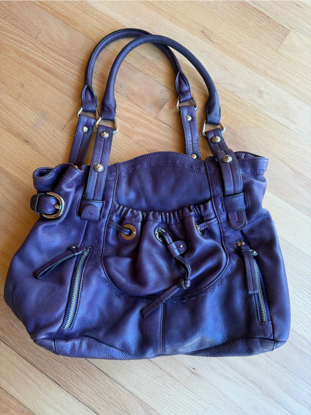 Plum Leather Shoulder Ho-bo Bag with Drawstring Pocket